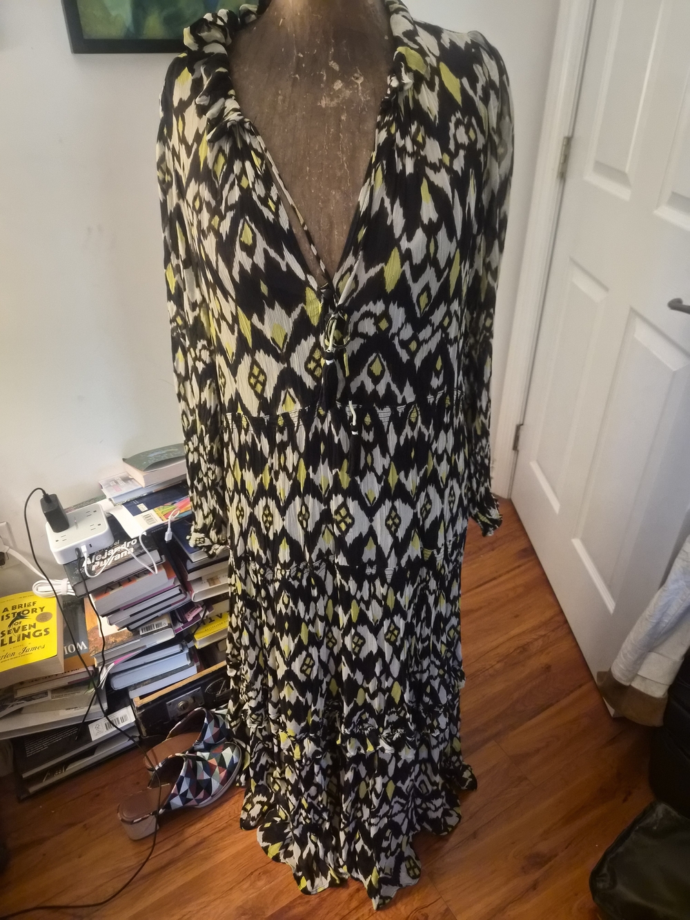 Anthropologie Black, White & Yellow Ikat Maxi Dress
